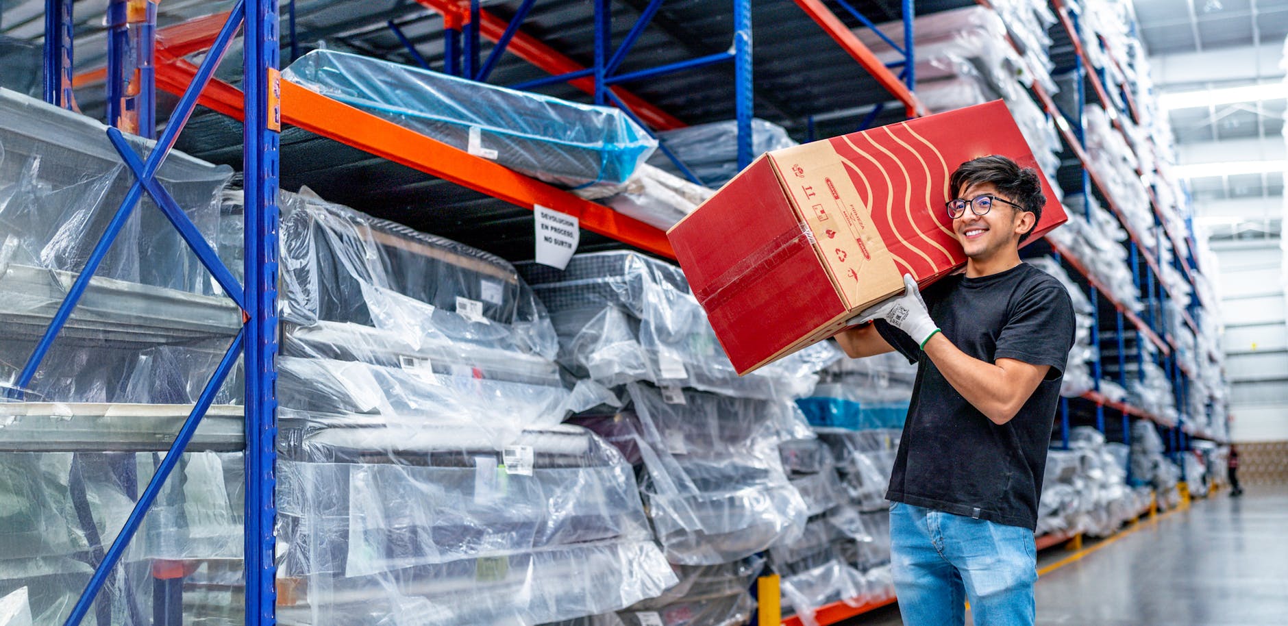 Magazynier niesie karton w alejce wysokiego składowania